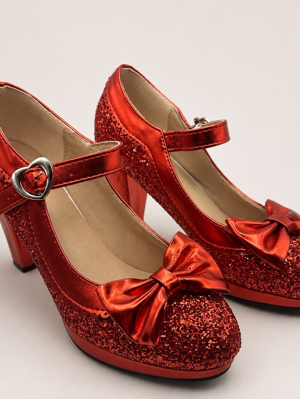❤️✨ Red Glitter Mary Jane Heels EU 38 | Bow Heart Buckle Retro Party Shoes